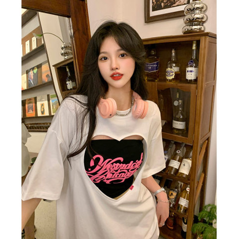 Plus Size 100.00kg Chubby Girl Sexy Summer Two Hollowed Heart Shape Short-Sleeved T-shirt + Short Tube Top Vest Ins Fashion