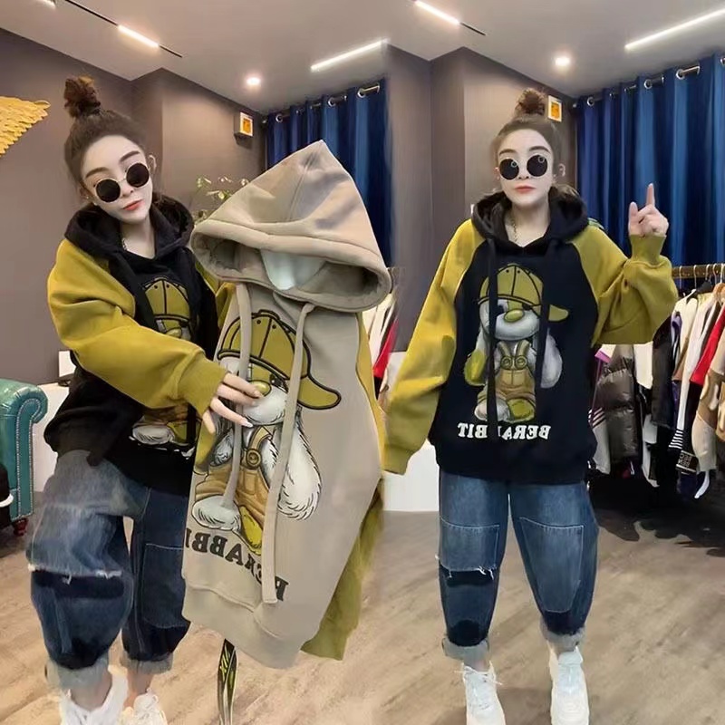 Extra Large 1.00 Kg-150.00 kg Chubby Girl Fashion Fashion Brand Mid-Length Fleece-lined New Hoodie Women Winter Leisure Patchwork Outerwear