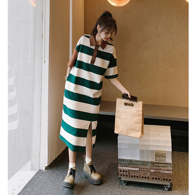 100.00kg Stripes Dress Women's Summer New Arrival K-style Loose Casual Gentle Style Polo Collar T-shirt Split Dress