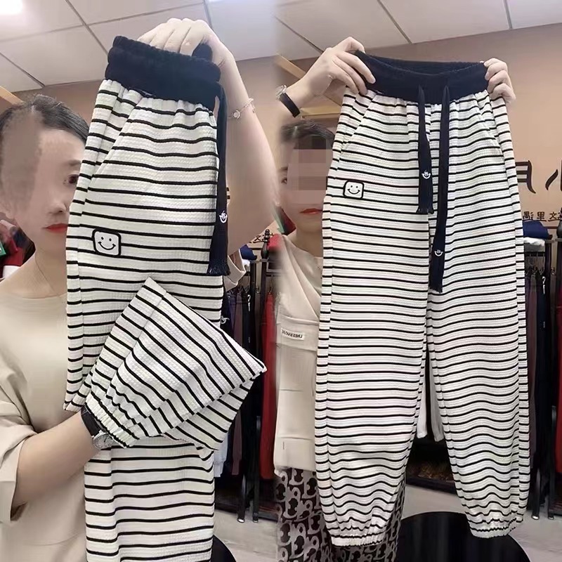 European Goods Plus Size Stripes Casual Sweatpants Women's 2024 Fall and Winter New Arrival Labeling Drawstring Loose Ankle-Tied Harem Sports Pants