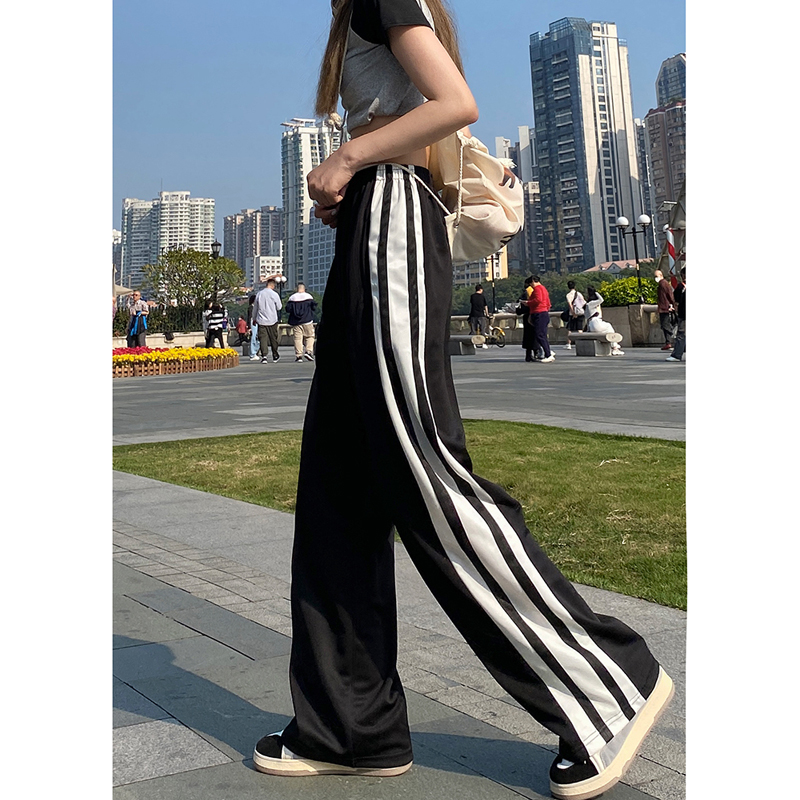 Plus Size Vertical Stripes Black Straight Sports Pants Women's Summer Easiest for Match K-style Loose Slim Looking Casual Wide Leg Thin Pants