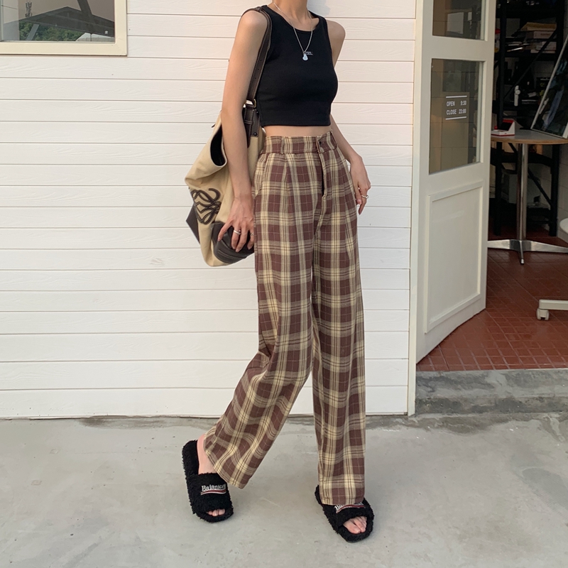 Summer Plus Size Retro Gingham Casual Pants for Women 2024 New Arrival High Waist Draping Mopping Pants Loose Straight-leg Loose Pants