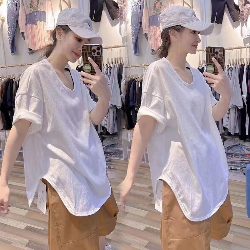 Extra Large Size plus Size 1.00 Kg-150.00 kg Asymmetrical Pure Cotton Short-Sleeved T-shirt Women's Summer New Arrival Loose Chubby Girl Split Tops