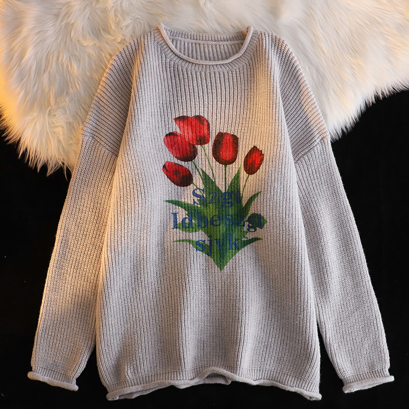 Tulip Print Sweater Women's Autumn and Winter New Arrival Korean Style Lazy Style Loose Letter Pullover Long Sleeves Knitting Tops
