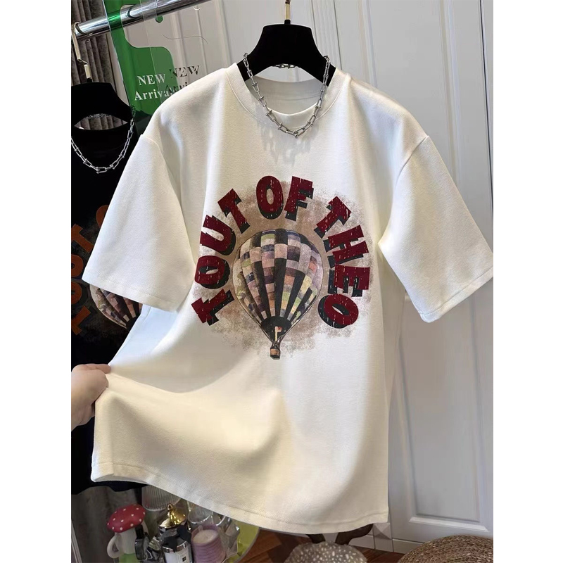 Extra Large Size 150.00Kg Pure Cotton Minimalist Hot Air Balloon Print Short Sleeve T-shirt Female 2024 Early Spring New Arrival Inner Wear Blouse Tide