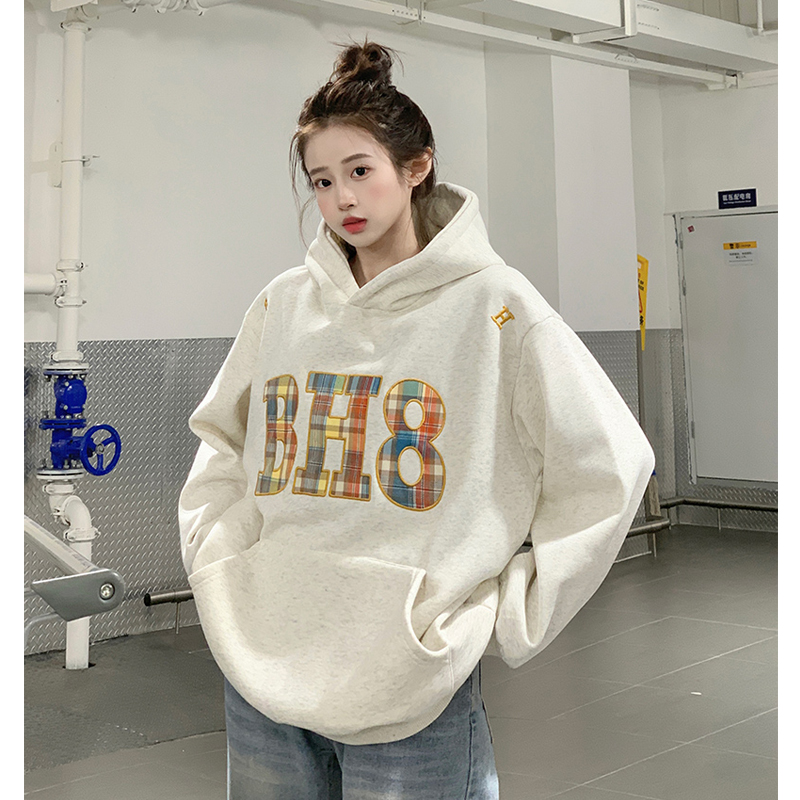 American Chic Niche Style Plaid Heavy Industry Embroidered Hoodie Female 2024 Autumn and Winter New Arrival Loose Padded Top