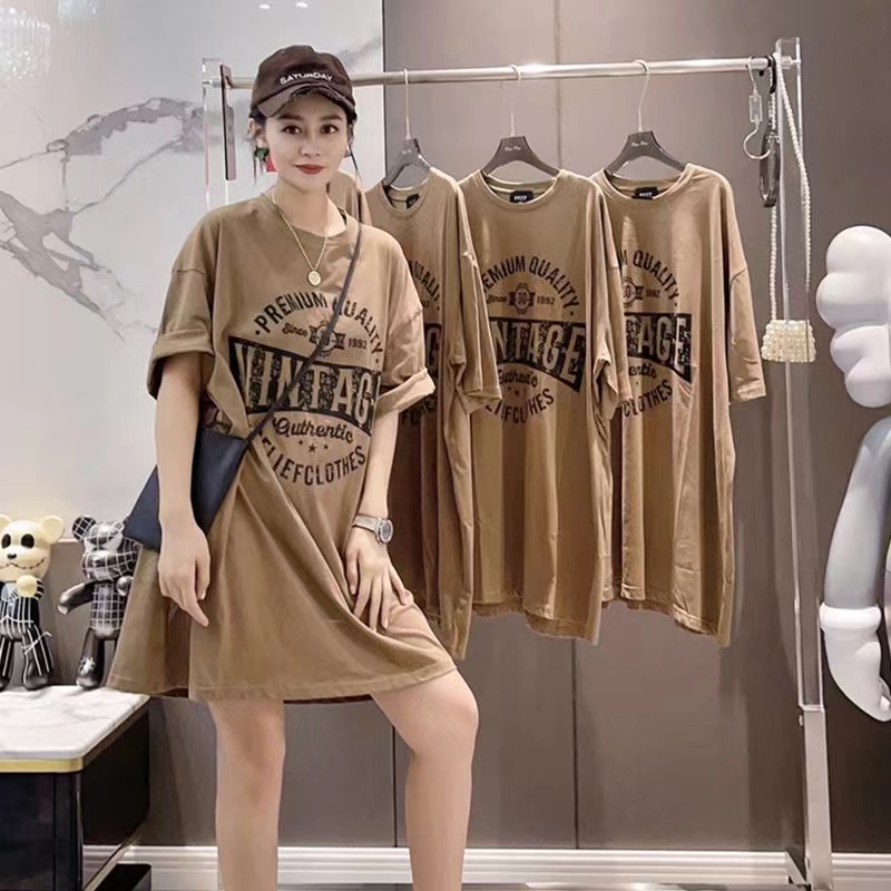 Plus Size Ladies K-style Mid Length Long Length Short Sleeve Pure Cotton T-shirt Skirt Female Plus Size 1.00 Kg-150.00 kg Loose Slim Fit Idle Style Dress