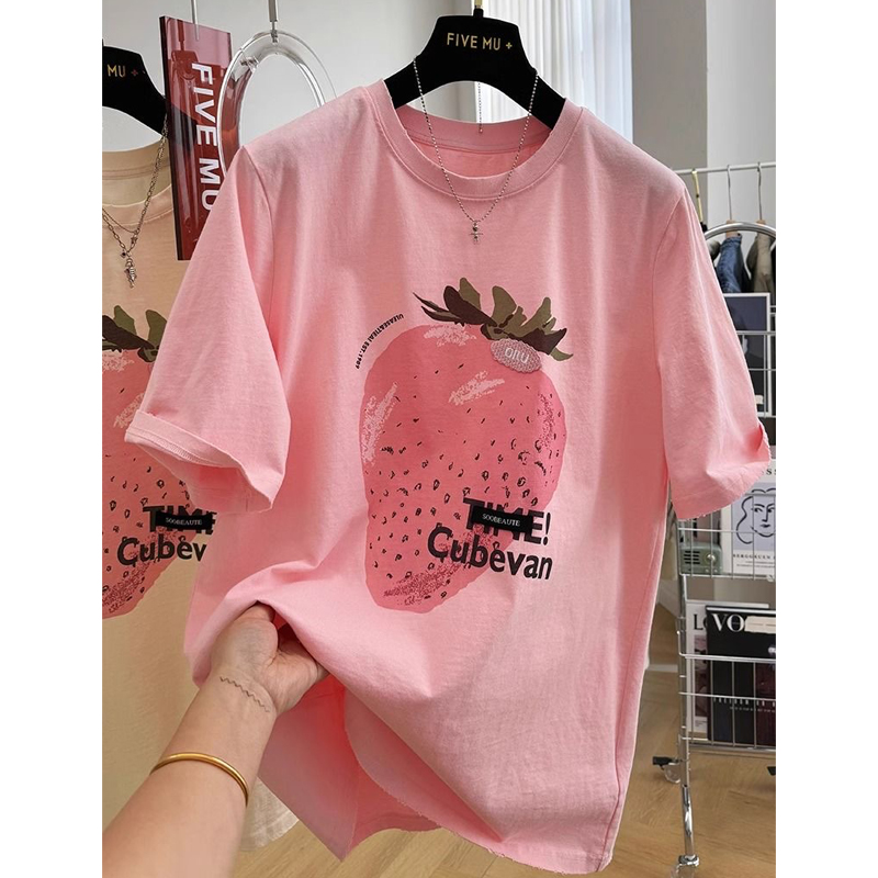 European Station 2024 Summer New Arrival Letters Strawberry Print Short Sleeve T-Shirt Female Plus Size Fashion Western Style Versatile Top