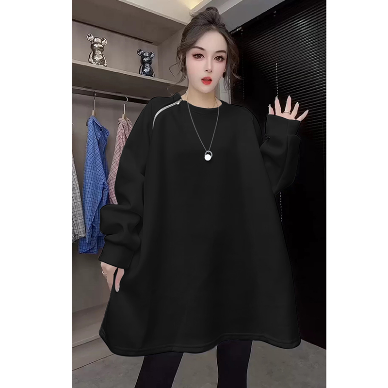 European Goods Plus Size 1.00 Kg-150.00 kg Sweatshirt Female Fat Girl Autumn and Winter Loose Slimming and Fashionable Zipper Shoulder K-style Velvet Hoodie Tide