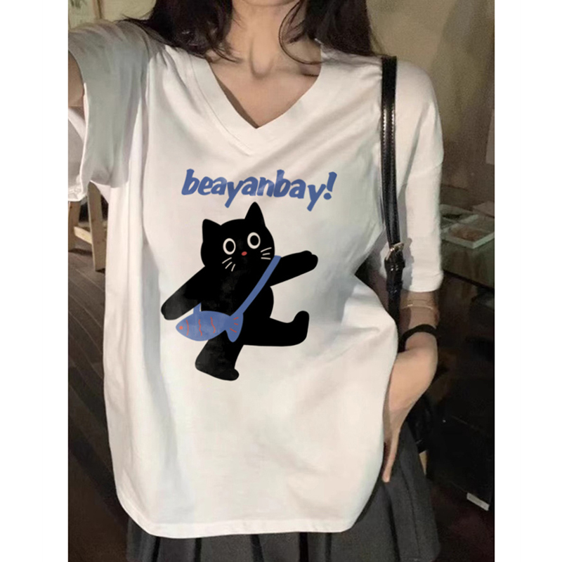 Plus Size V Neck Pure Cotton Shoulder T-shirt Short Sleeve Female 2024 Summer Loose Slimming New Cat Printing Fat Hiding Top