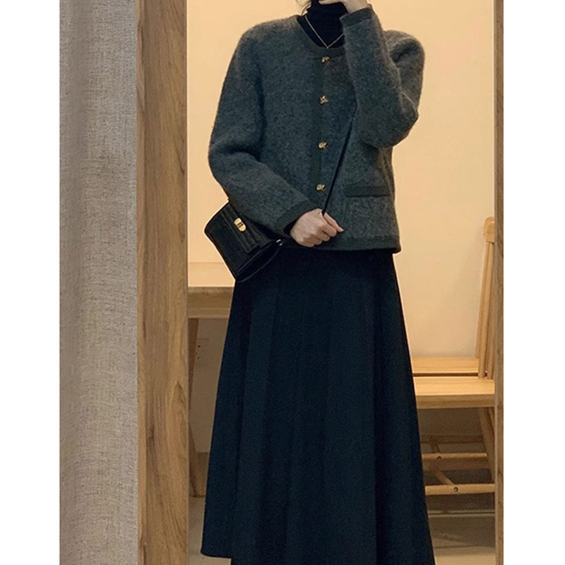 Plus Size Plus Size Ladies Fall and Winter Black Woolen Skirt Women's Korean Style Tummy Hiding Pear Shapes High Waist Mid Length Long Length A- line Skirt