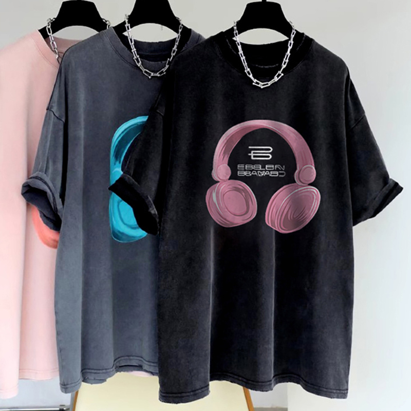 100.00kg Plus Size Retro Washed Black Short Sleeve T-shirt Men and Women 2024 New Arrival Summer Loose Slim Looking Mid Length Long Length Tops