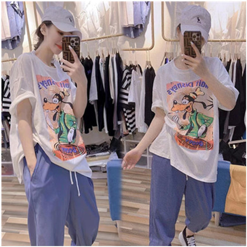 European Station Pure Cotton Plus Size Cartoon Dog Print Short Sleeve T-Shirt Women's Summer New Arrival Loose Slimming and All-Matching Half Sleeve Fashion