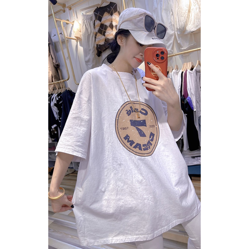 European Station Plus Size 1.00 Kg-150.00 kg Summer New Arrival European Goods Letter Print Short-Sleeve T-shirt Female Casual Loose-Fitting Pure Cotton Top