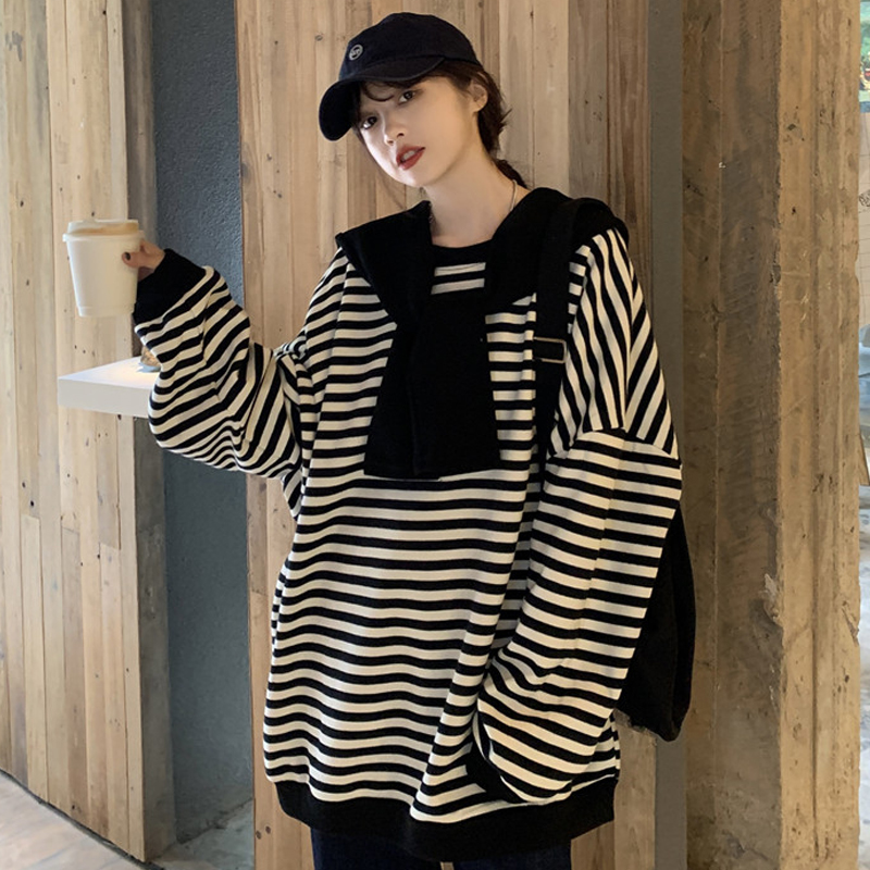 150.00kg Extra Large Size K-style Loose Striped Sweatshirt Shawl Women's Fall and Winter Plus Size Ladies Younger Slim-Fit Slimming Two-Piece Suit