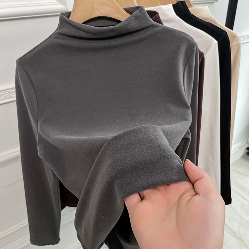 Plus Size Half-Turtleneck Fleece-lined Thickened Long Sleeves T-shirt Tops Female 2024 Spring and Autumn New Arrival Silm Inner Bottoming Shirt
