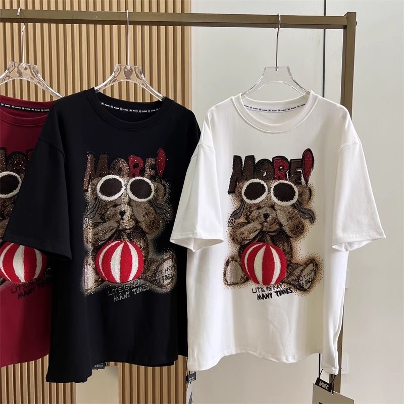 Extra Large Size 1.00 Kg-150.00 kg Plus Size Ladies Early Spring Little Bear Cartoon Printing Crafts Brushed Short Sleeve T-shirt Female Loose Slim Looking
