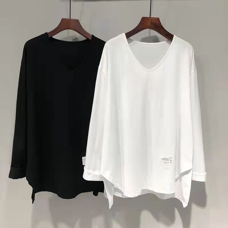 Plus Size 1.00 Kg-150.00 kg Mid Length Long Length Long Sleeves T-Shirt Women's Spring Thin V-neck Asymmetrical Hem Slim Bottoming Top