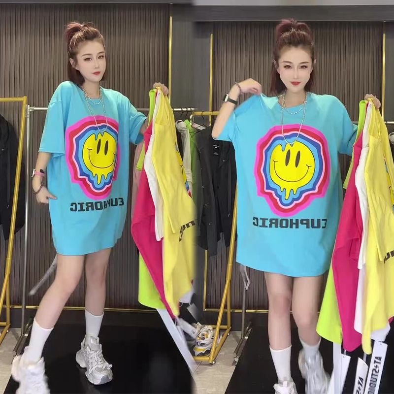 European Goods Plus Size Cartoon Print Casual All-Match T-shirt Short Sleeve Female 2024 Summer New Fashionable Anti-Aging Top Fashion