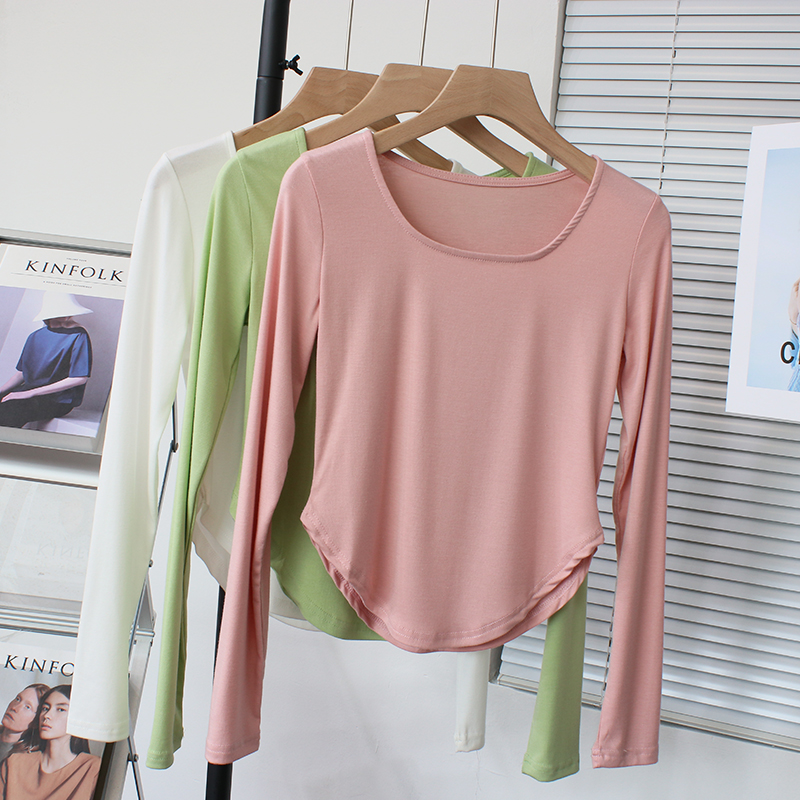 Fitness Yoga Dancing Dress Short Pure Cotton T-Shirt Tops Women's Spring and Autumn Curved Hem Long Sleeves Midriff Outfit Bottoming Shirt