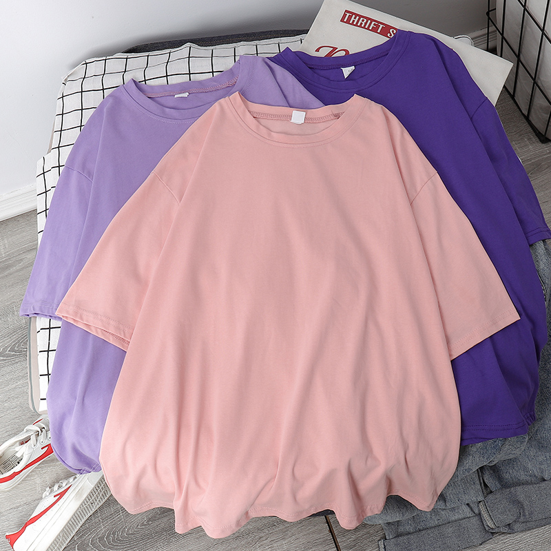 Plus Size Ladies Cotton Half Sleeve Top Slim Looking Large Size Belly Covered Loose plus Size 150.00Kg Pure Color Short Sleeve T-Shirt Women