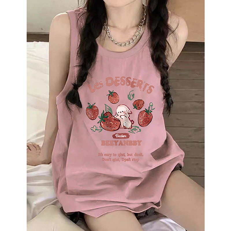 Pink Sweet Sleeveless T-Shirt Women's Summer Niche Design Waistcoat Strawberry Rabbit French Sweet and Spicy Vest Tops Tide
