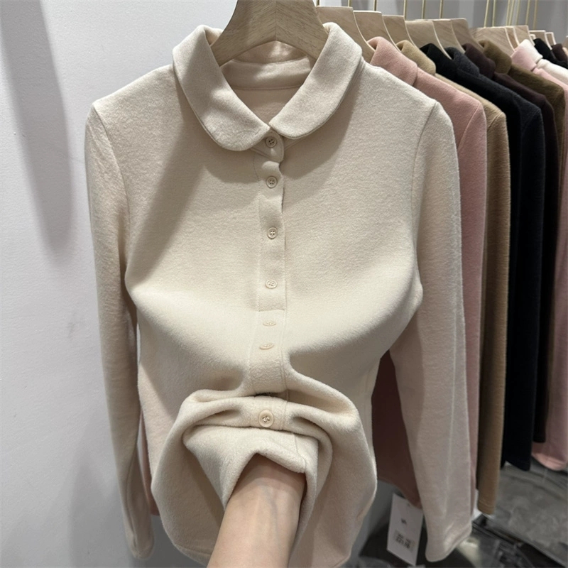 European Goods plus Size Fleece-Lined Thicker Polo Lapel Double-Sided Dralon T-shirt Sweatshirt Female 2024 Fall and Winter Inner Bottoming Shirt