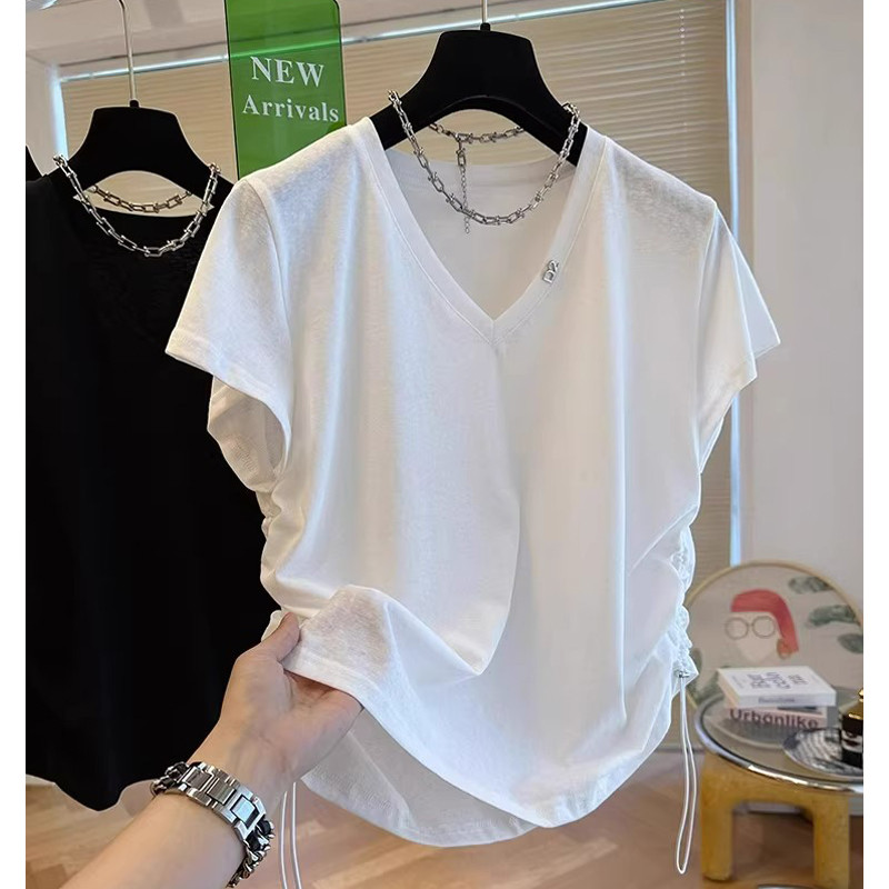 150.00kg Plus Size Women's Shoulder V-neck Short-Sleeved T-shirt Female Summer Fat Girl Drawstring Slimming Belly-Covering Irregular Top