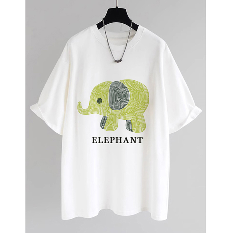 2024 Summer Plus Size New Design Sense Elephant Print T-Shirt Women's Short-Sleeved Korean round Neck Pure Cotton T-shirt Top
