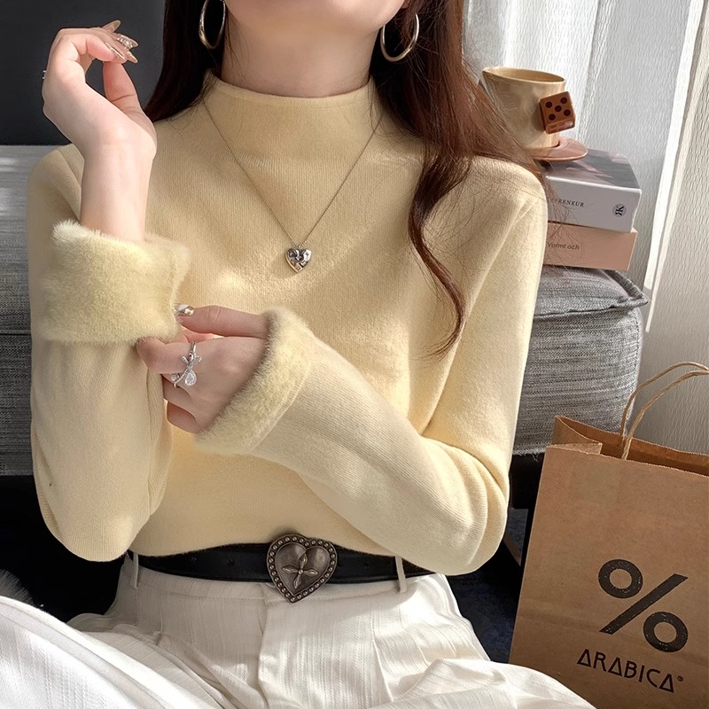 Velvet Thickening Sweater Women's Fall and Winter Western Style Warm New Arrival Half Turtleneck Single-Layer Fleece-Lined Inner Wear Knitting Bottoming Shirt Tops