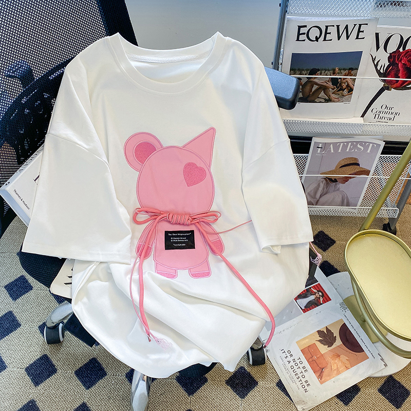 Summer Pure Cotton American Cute Cartoon Bear Short Sleeve T-Shirt Female Loose Fashion Brand Oversize Design Blouse