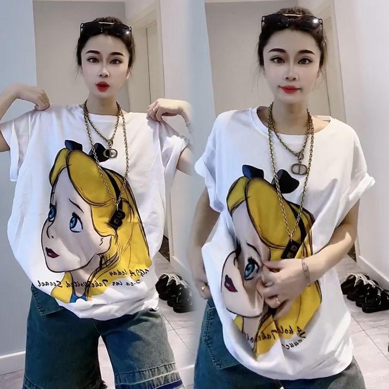 European Goods Plus Size plus Size 1.00 Kg-150.00 kg Chubby Girl Cartoon Short Sleeve T-shirt Female Summer Fashion Loose Slim Fit Half Sleeve Tops