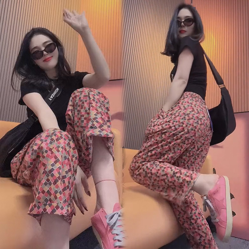 European Goods over Plus Size 150.00kg Retro Gingham Floral Casual Pants Women's Autumn New Arrival Younger Fashion Straight-Leg Pants Tide