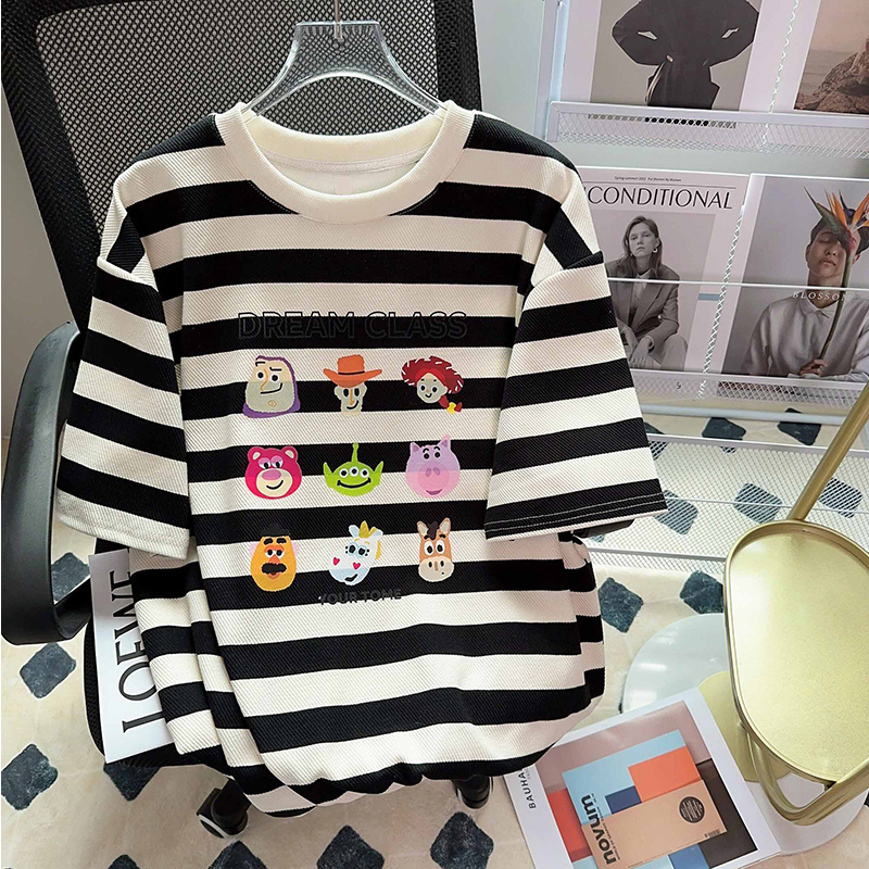 Super Plus Size 1.00 Kg-150.00 kg Chubby Girl Stripes Contrast Color Short Sleeve T-Shirt Female Summer Idle Style Cartoon Printed Loose Top
