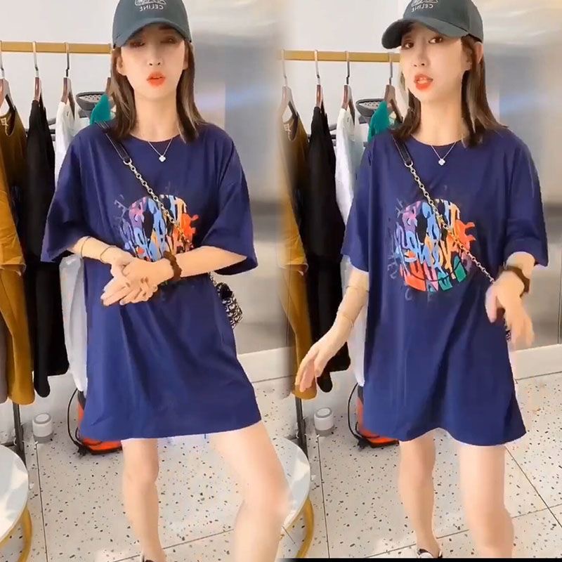 Chubby Girl Plus Size Summer Mid Length Long Length Dress Women's New Arrival K-style Pocket Casual Sports Elegant Short Sleeve T-shirt Skirt
