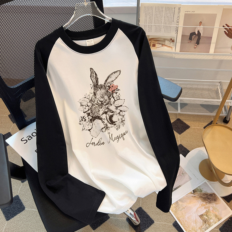 European Goods Cotton Color-Matching Long Sleeves T-Shirt Women's Autumn Inner Wear Outer Wear Bottoming Shirt Loose Ins Chinese Fad Oversize Tops