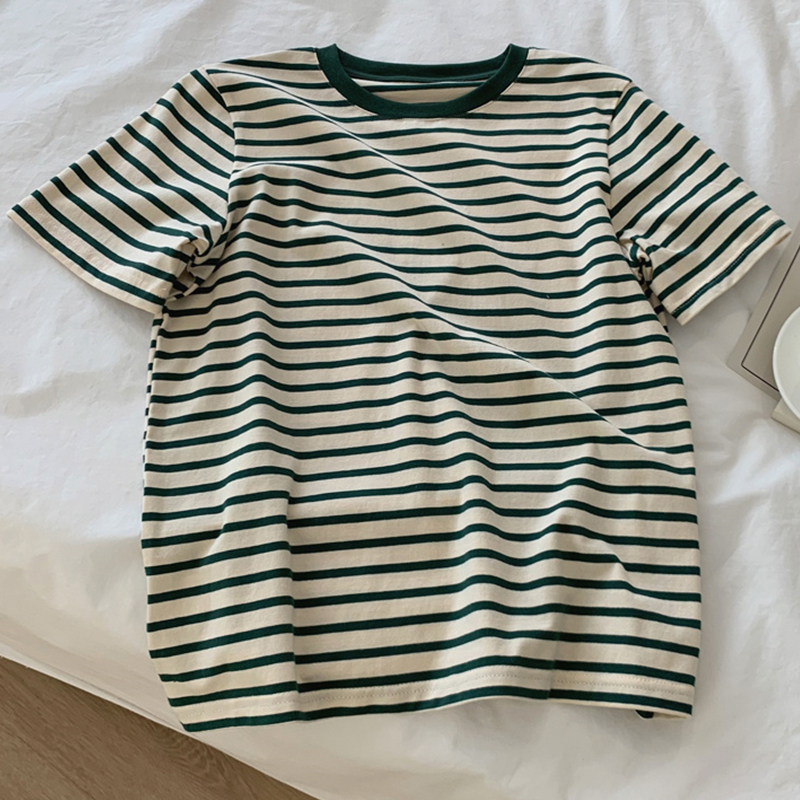 Chubby Girl Summer Pure Cotton White Vintage Stripe Short-Sleeved T-shirt Female Loose Slimming and All-Matching Bottoming Shirt Tops Student