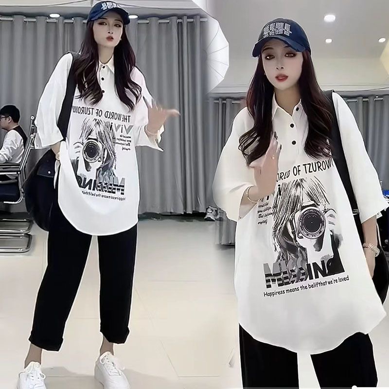 European Station Plus Size 1.00 Kg-150.00 kg Chubby Girl Summer New Arrival Short Sleeve Tide European Goods Polo Collar Tops Loose Easiest for Match T-Shirt