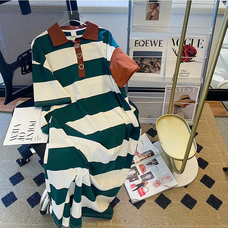 Chubby Girl Plus Size Stripes Polo Collar Dress Female New Arrival Pure Cotton Casual Loose Short Sleeves Mid Length Long Length T-shirt Skirt