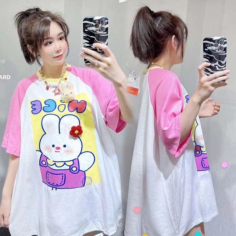 100.00kg Plus Size 2024 New Cartoon Print Short Sleeve T-Shirt Female Fashion Pink Color-Block Raglan Sleeves Half Sleeve Tops