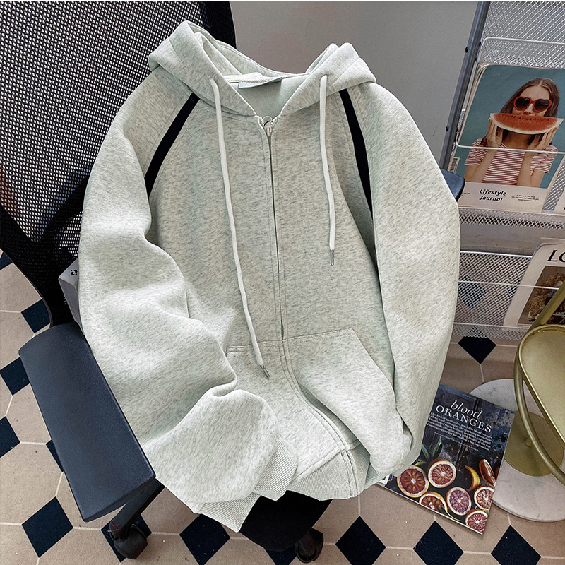 K-style Sweatshirt Women's Spring & Fall Thin Plus Size Plus Size Ladies Loose and Lazy Style Casual Versatile Zipper Hooded Cardigan Coat