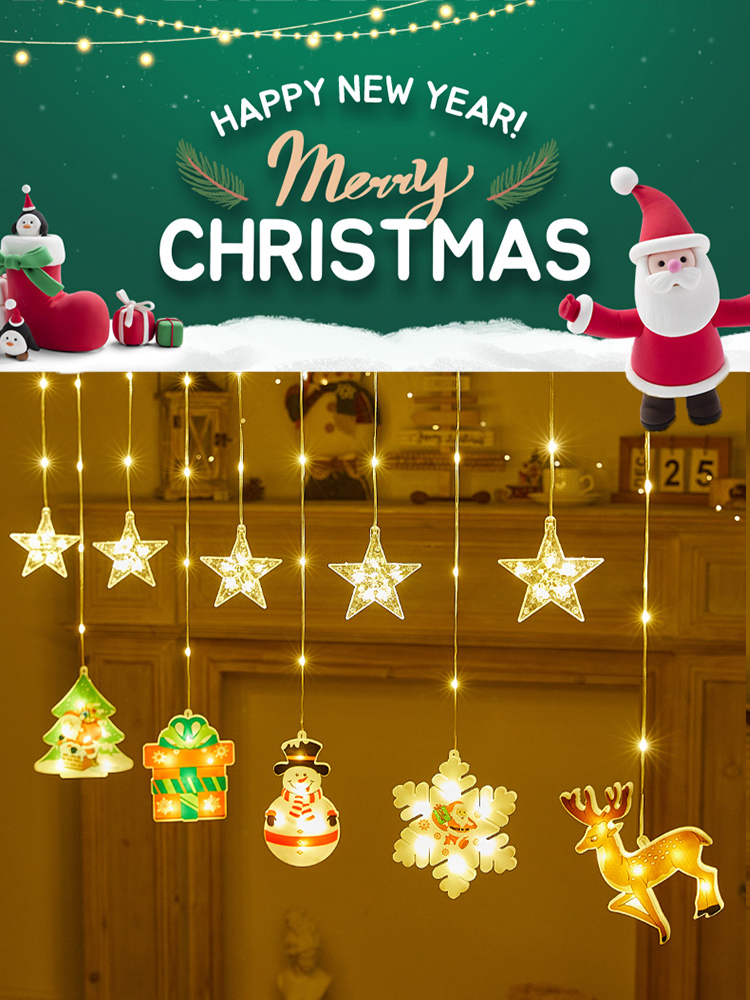 Christmas Decorations Deer Snowman Snowflake Pendant Window Store Ornaments Creative Curtain Lighting Chain Scene Layout