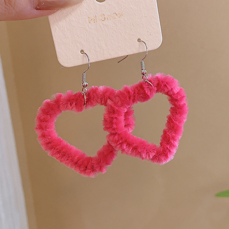 Dopamine Hair Ball Love Heart Earrings Female 2024 New Arrival Best Selling Fancy Stud Earrings Sweet Vacation Style Ear Hooks