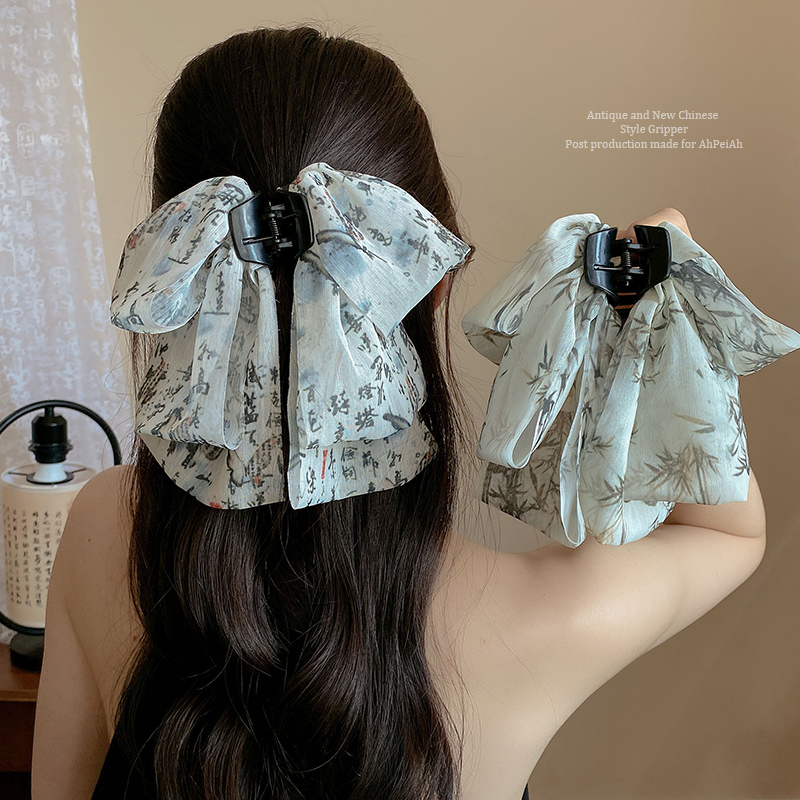 Fancy Floral Large Bows Ribbon Grip Female 2024 New Hairpin Head Shark Clip Hairware