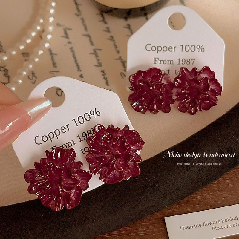 Retro Ankela Red Stud Earring Women's 2024 New Arrival Best Selling Niche Style Fancy Earrings Camellia Flower Earrings