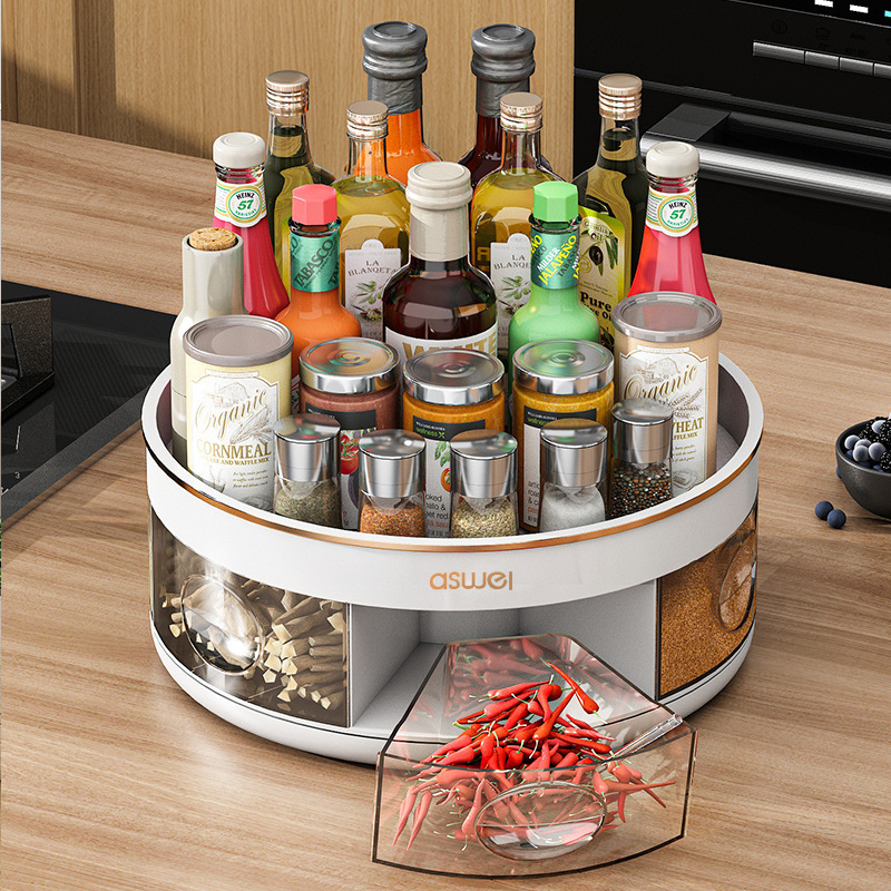Rotate Seasoning Box Kitchen Seasoning Shelf Table Top Corner Storage Rack Multi-Functional Condiment Dispenser