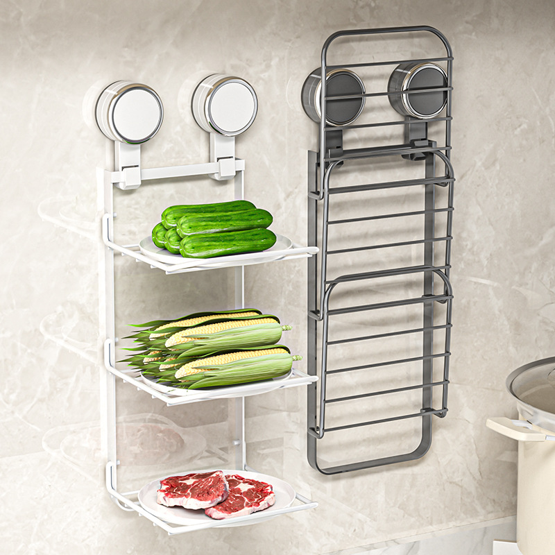 Suction Cup Kitchen Storage Rack 2024 Foldable Multi-Layer Side Dish Plate Wall-Mounted Multi-Functional Storage Rack