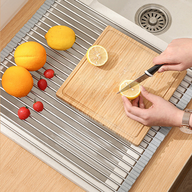 Cross-Border Stainless Steel Draining Shutter Kitchen Sink Draining Dish Rack Foldable Draining Rack Mildew-Proof Silicone Storage Rack