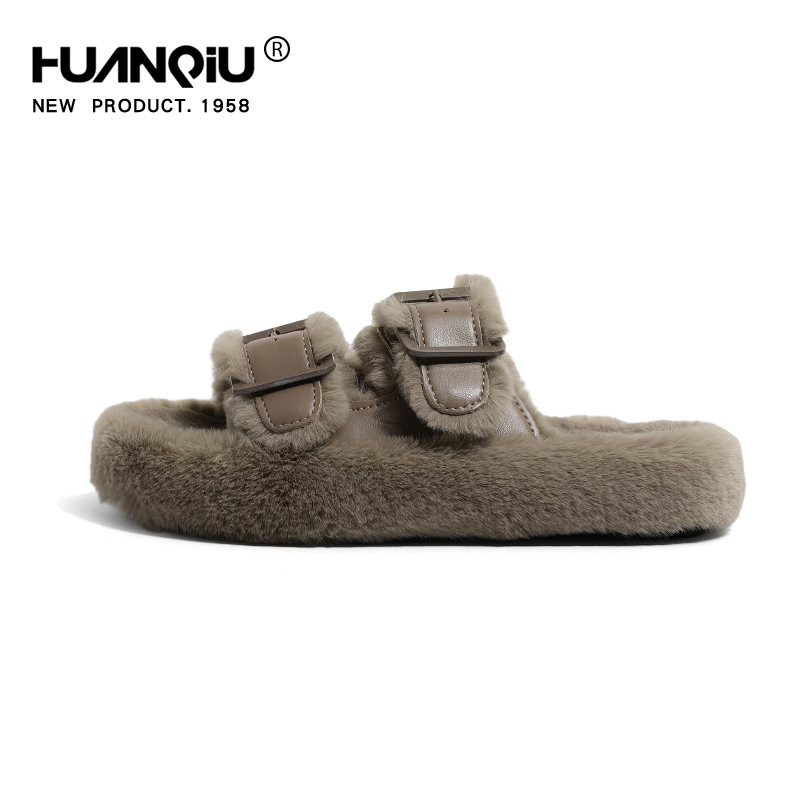 Global Thick Sole Fluffy Slippers Female Outwear Spring 2025 New Arrival Fleece-lined Thickened Korean Buckle Slippers Winter
