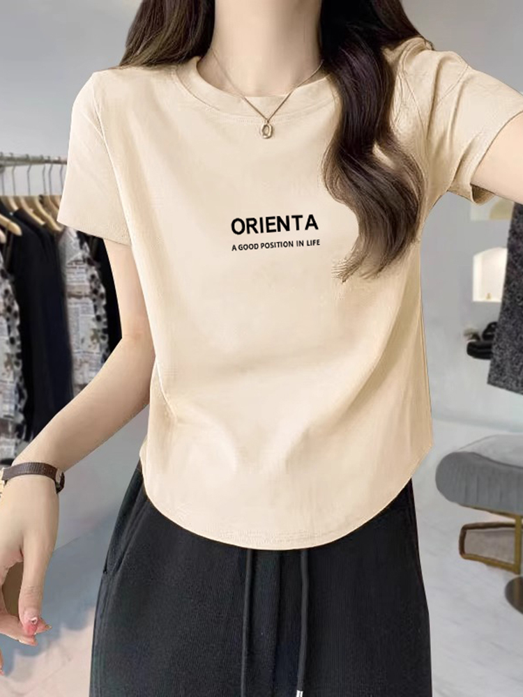 European Goods Shoulder T-Shirt Women's Short-Sleeved Summer Wear 2025 New Arrival Pure Cotton Asymmetrical Curved Short Petite Top Fashion